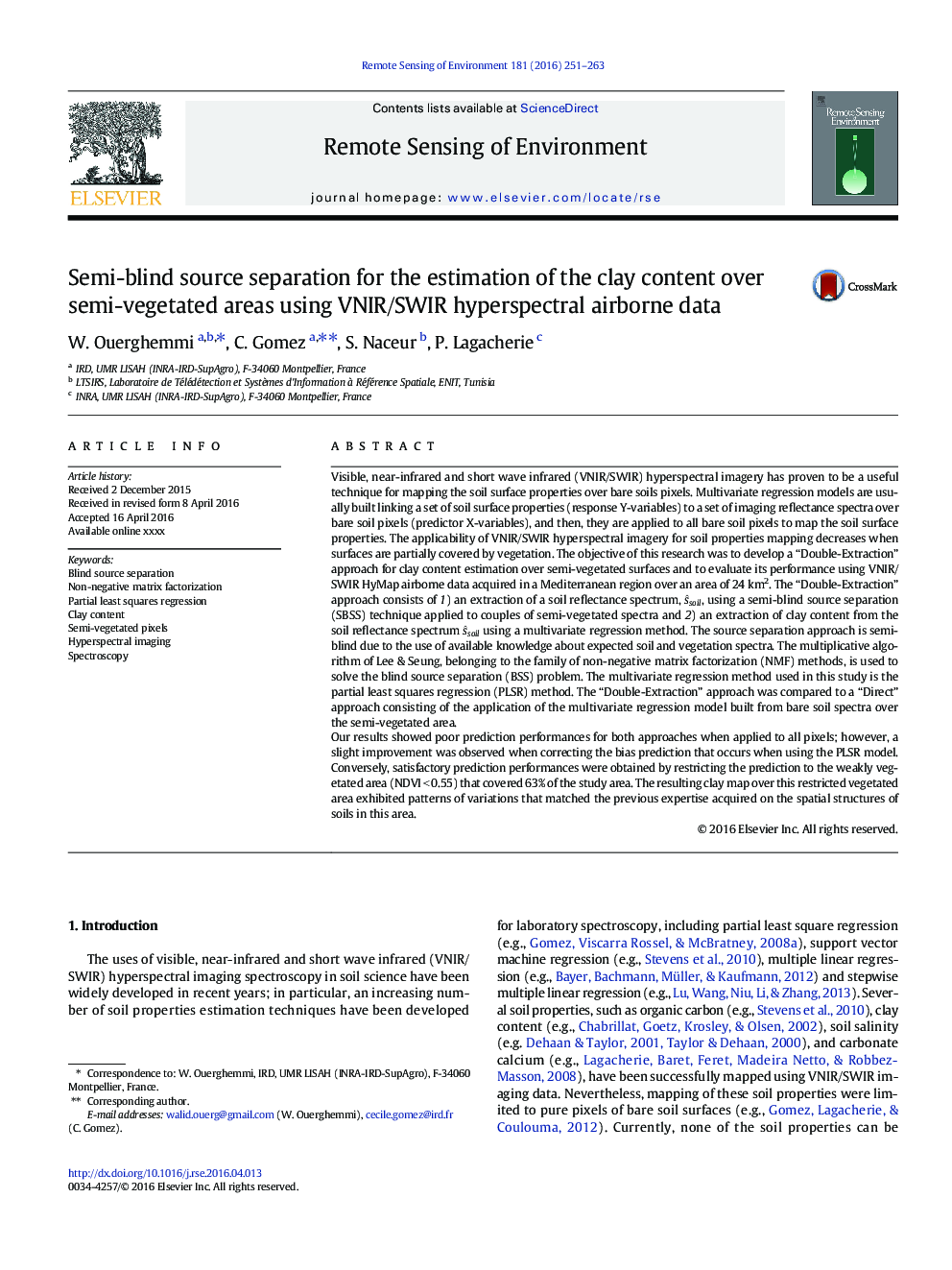 Semi-blind source separation for the estimation of the clay content over semi-vegetated areas using VNIR/SWIR hyperspectral airborne data