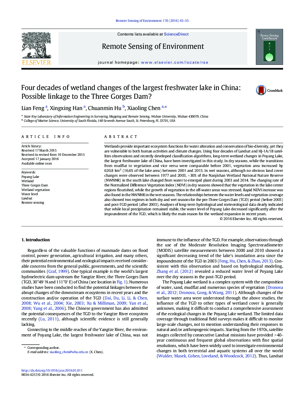 Four decades of wetland changes of the largest freshwater lake in China: Possible linkage to the Three Gorges Dam?