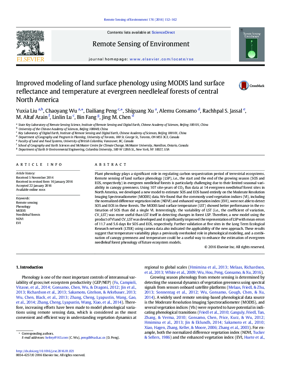 Improved modeling of land surface phenology using MODIS land surface reflectance and temperature at evergreen needleleaf forests of central North America