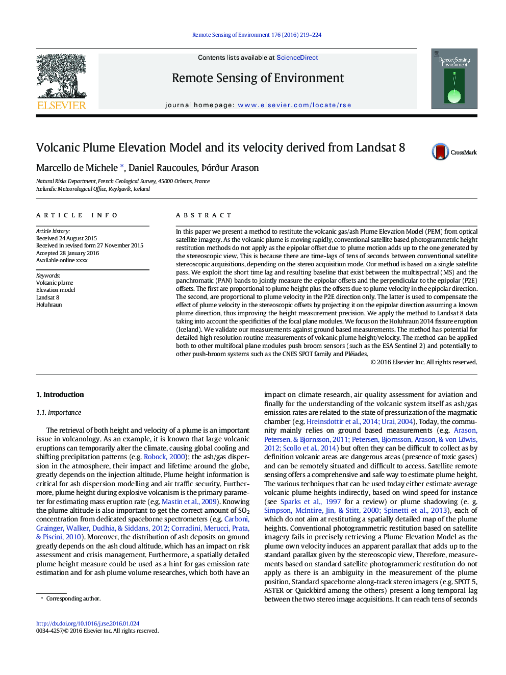 Volcanic Plume Elevation Model and its velocity derived from Landsat 8