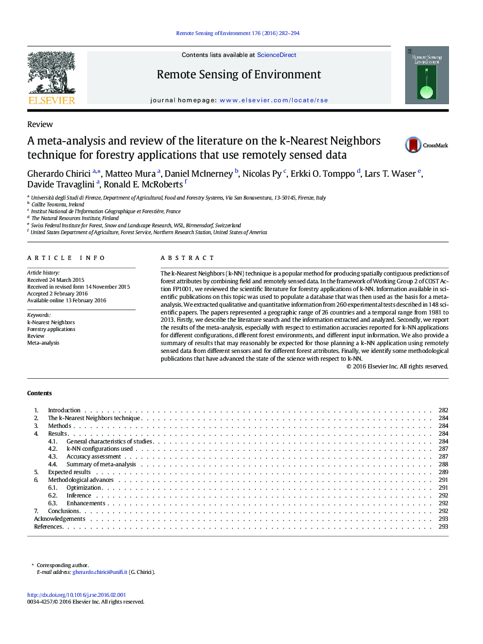 ReviewA meta-analysis and review of the literature on the k-Nearest Neighbors technique for forestry applications that use remotely sensed data