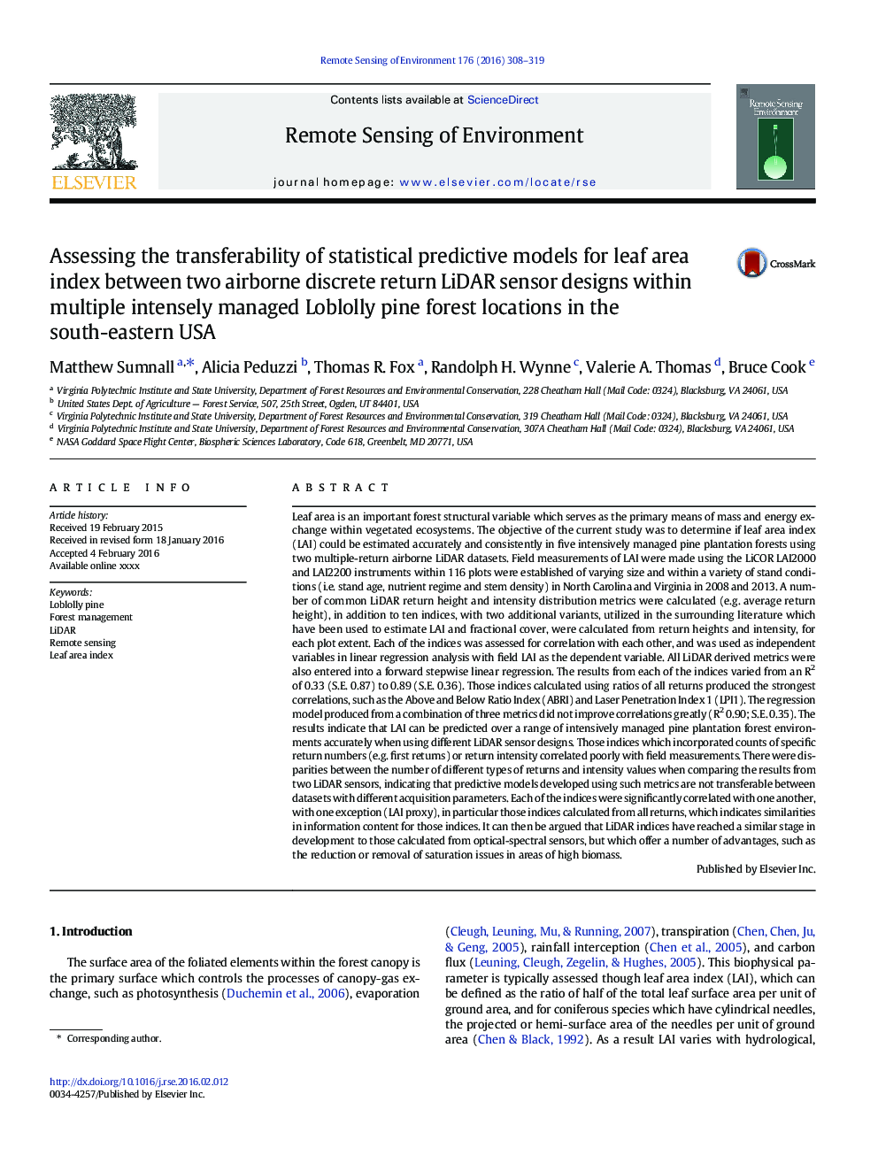Assessing the transferability of statistical predictive models for leaf area index between two airborne discrete return LiDAR sensor designs within multiple intensely managed Loblolly pine forest locations in the south-eastern USA