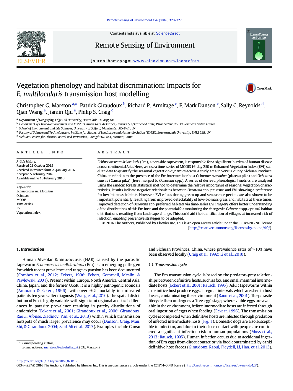 Vegetation phenology and habitat discrimination: Impacts for E. multilocularis transmission host modelling