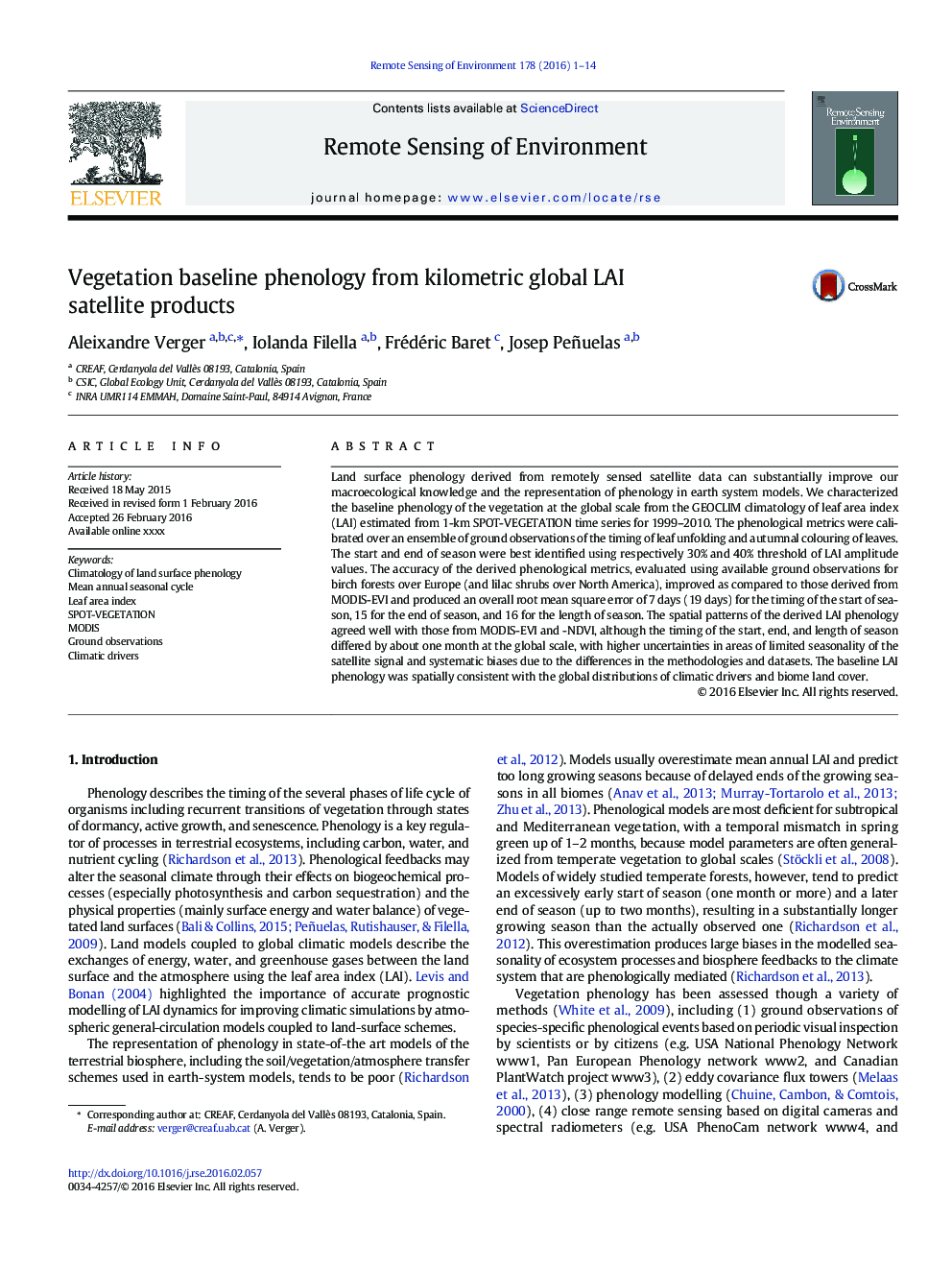 Vegetation baseline phenology from kilometric global LAI satellite products