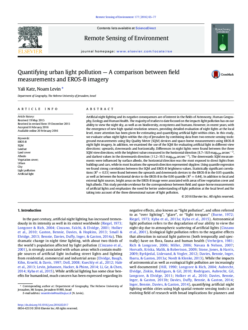 Quantifying urban light pollution - A comparison between field measurements and EROS-B imagery