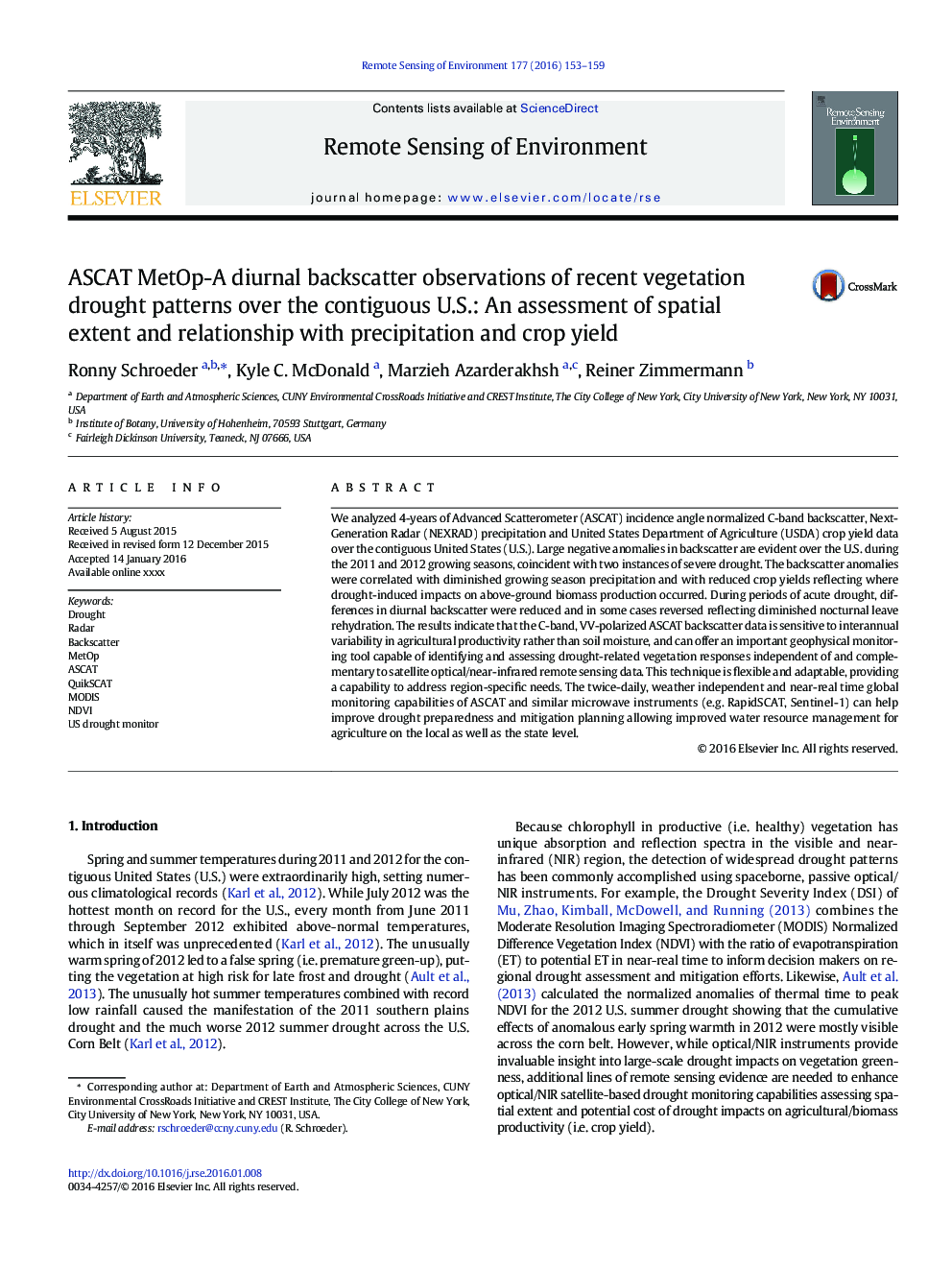 ASCAT MetOp-A diurnal backscatter observations of recent vegetation drought patterns over the contiguous U.S.: An assessment of spatial extent and relationship with precipitation and crop yield