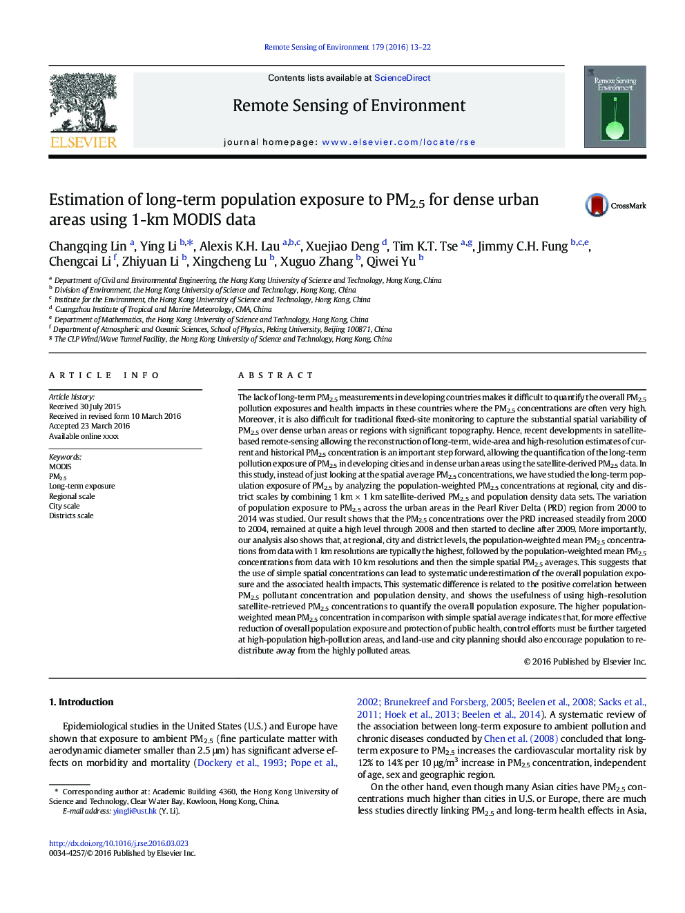 Estimation of long-term population exposure to PM2.5 for dense urban areas using 1-km MODIS data