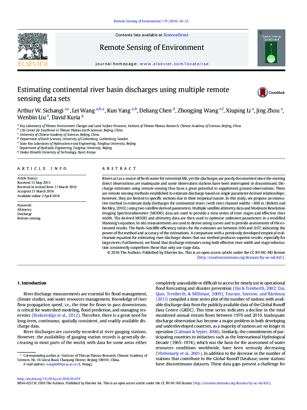 Estimating continental river basin discharges using multiple remote sensing data sets