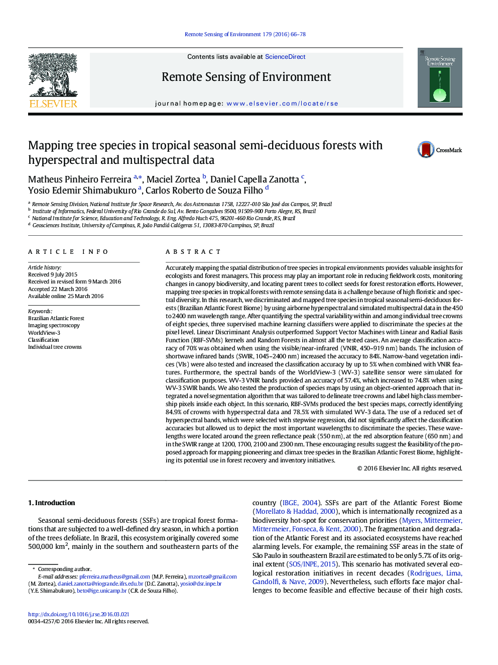 Mapping tree species in tropical seasonal semi-deciduous forests with hyperspectral and multispectral data