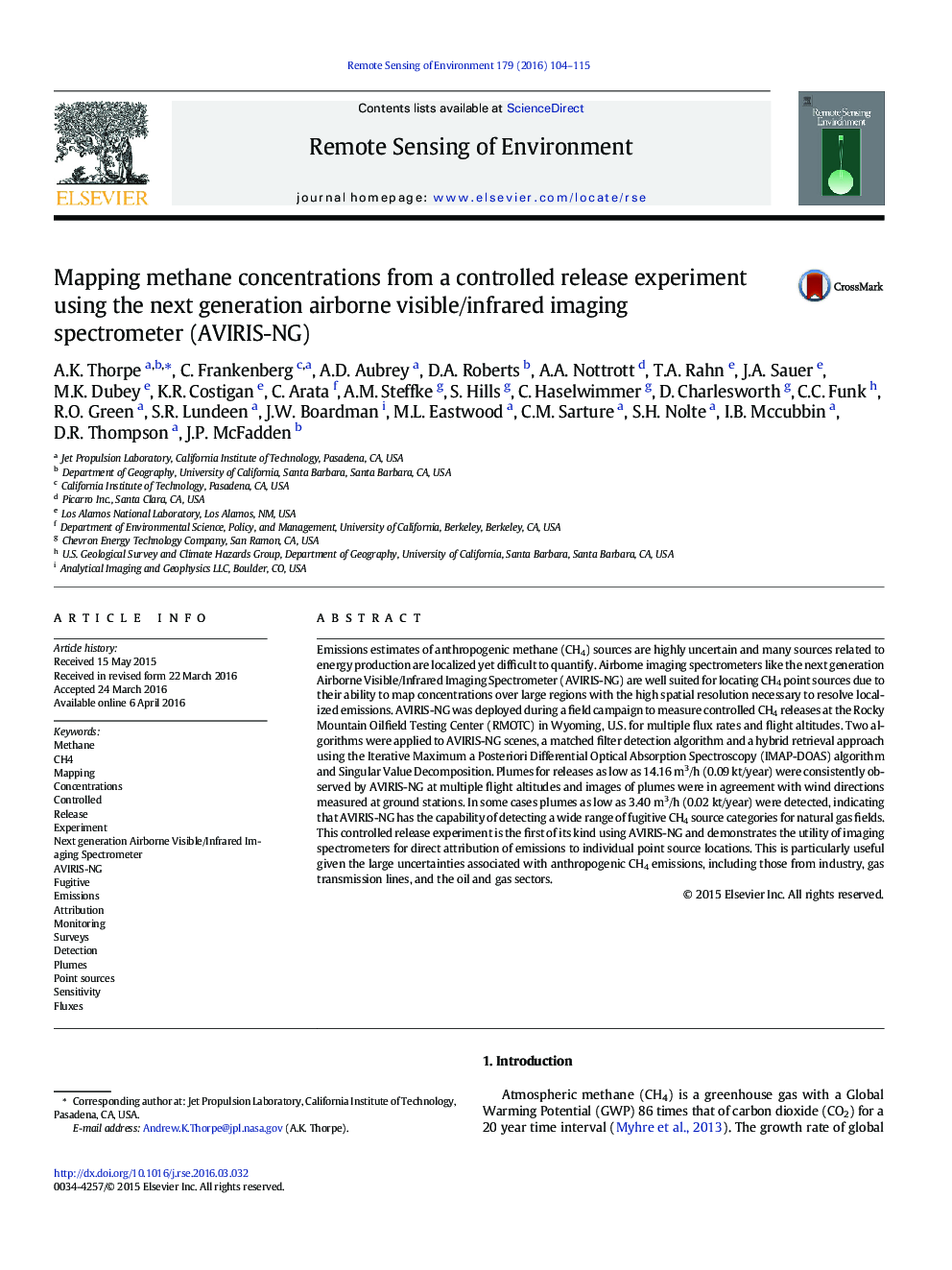 Mapping methane concentrations from a controlled release experiment using the next generation airborne visible/infrared imaging spectrometer (AVIRIS-NG)