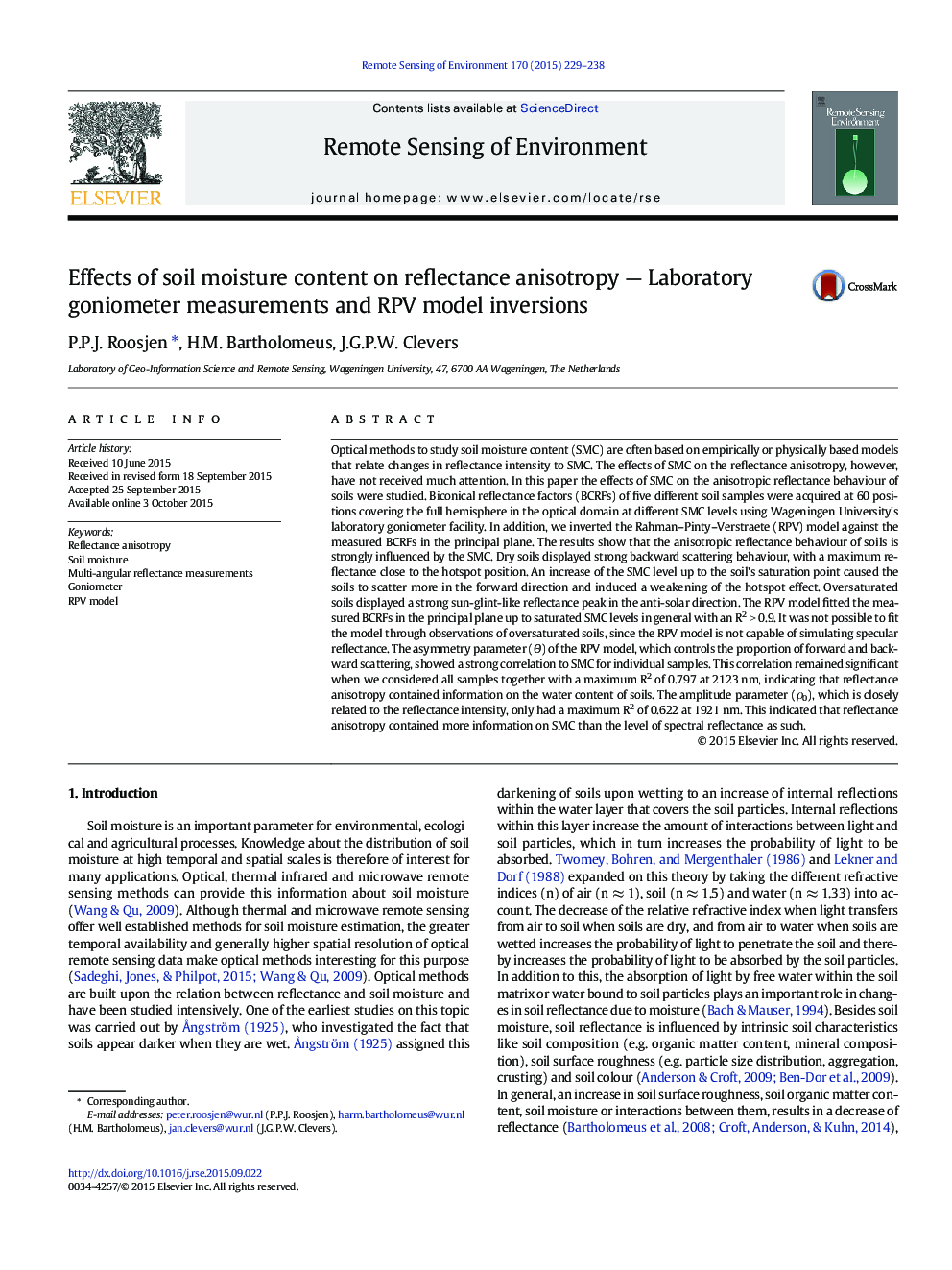 Effects of soil moisture content on reflectance anisotropy - Laboratory goniometer measurements and RPV model inversions