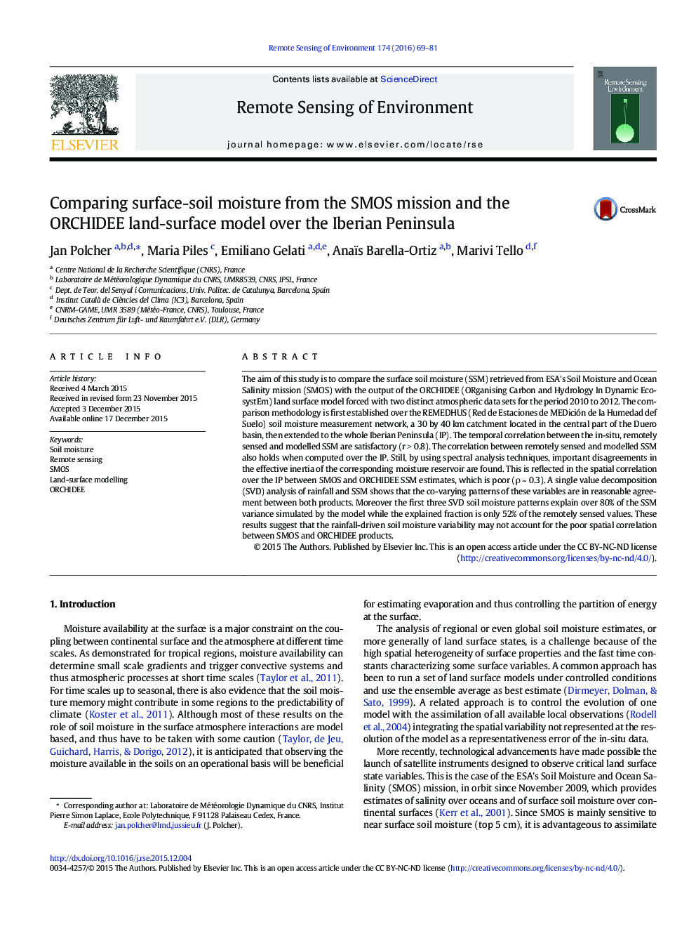 Comparing surface-soil moisture from the SMOS mission and the ORCHIDEE land-surface model over the Iberian Peninsula