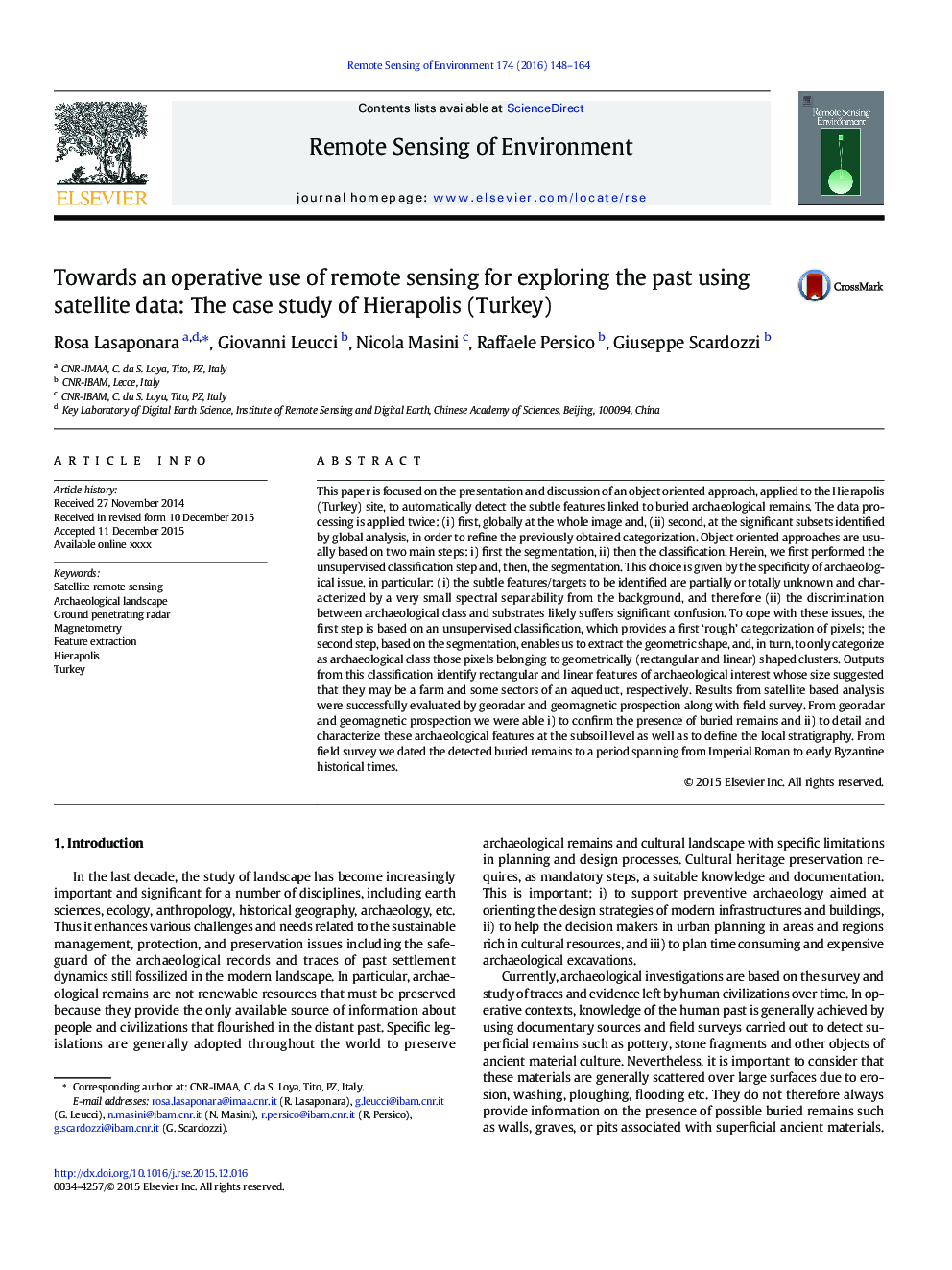 Towards an operative use of remote sensing for exploring the past using satellite data: The case study of Hierapolis (Turkey)