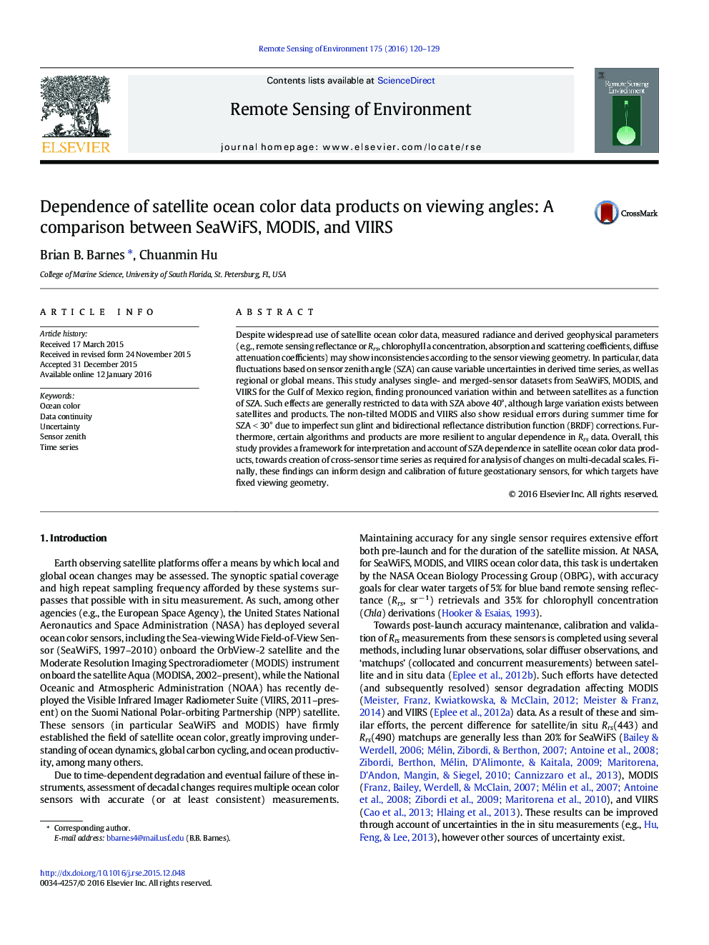 Dependence of satellite ocean color data products on viewing angles: A comparison between SeaWiFS, MODIS, and VIIRS