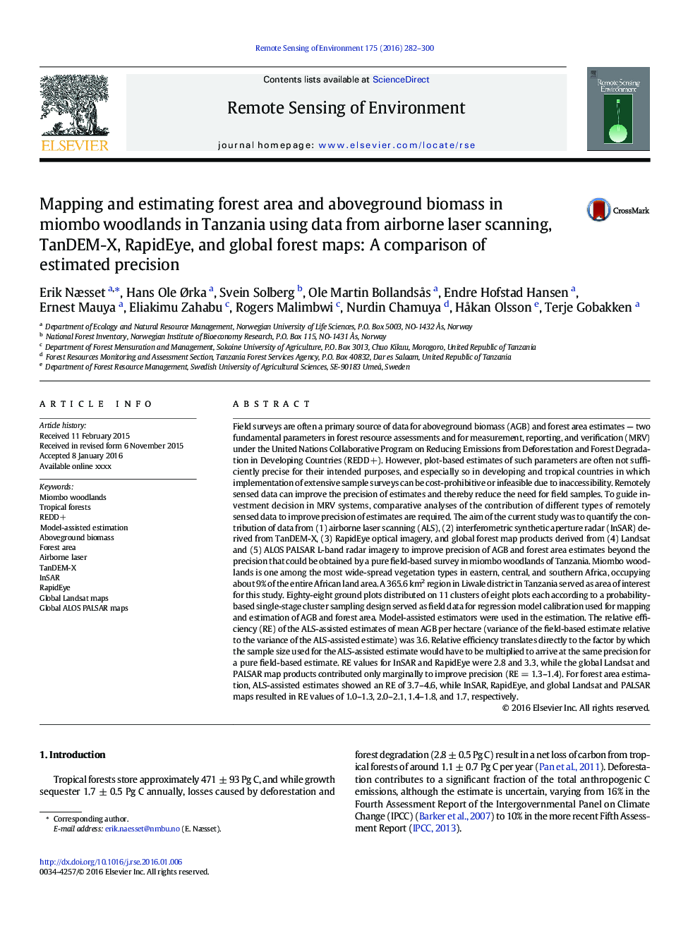 Mapping and estimating forest area and aboveground biomass in miombo woodlands in Tanzania using data from airborne laser scanning, TanDEM-X, RapidEye, and global forest maps: A comparison of estimated precision