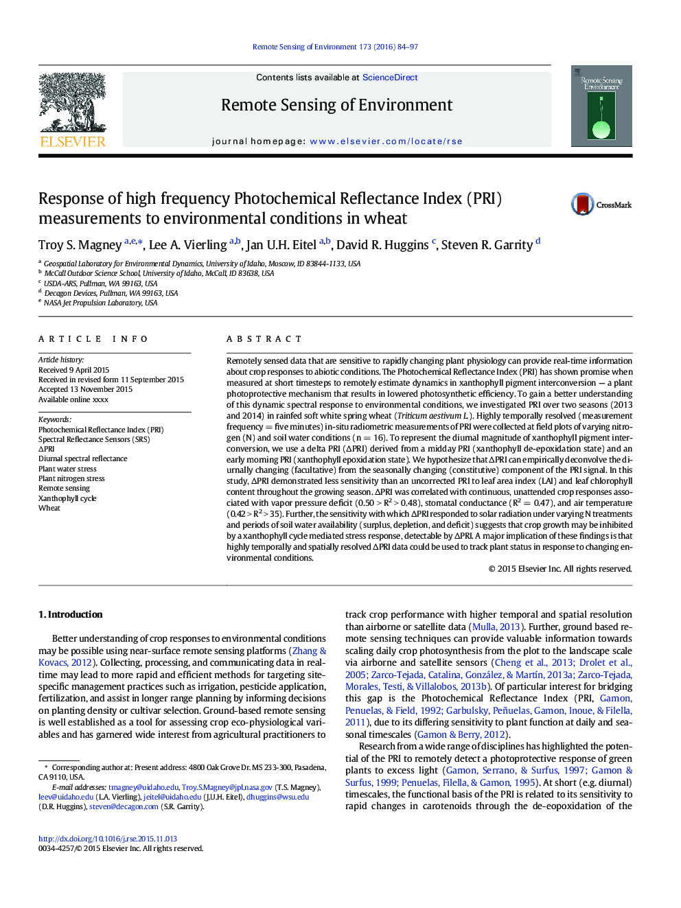 Response of high frequency Photochemical Reflectance Index (PRI) measurements to environmental conditions in wheat