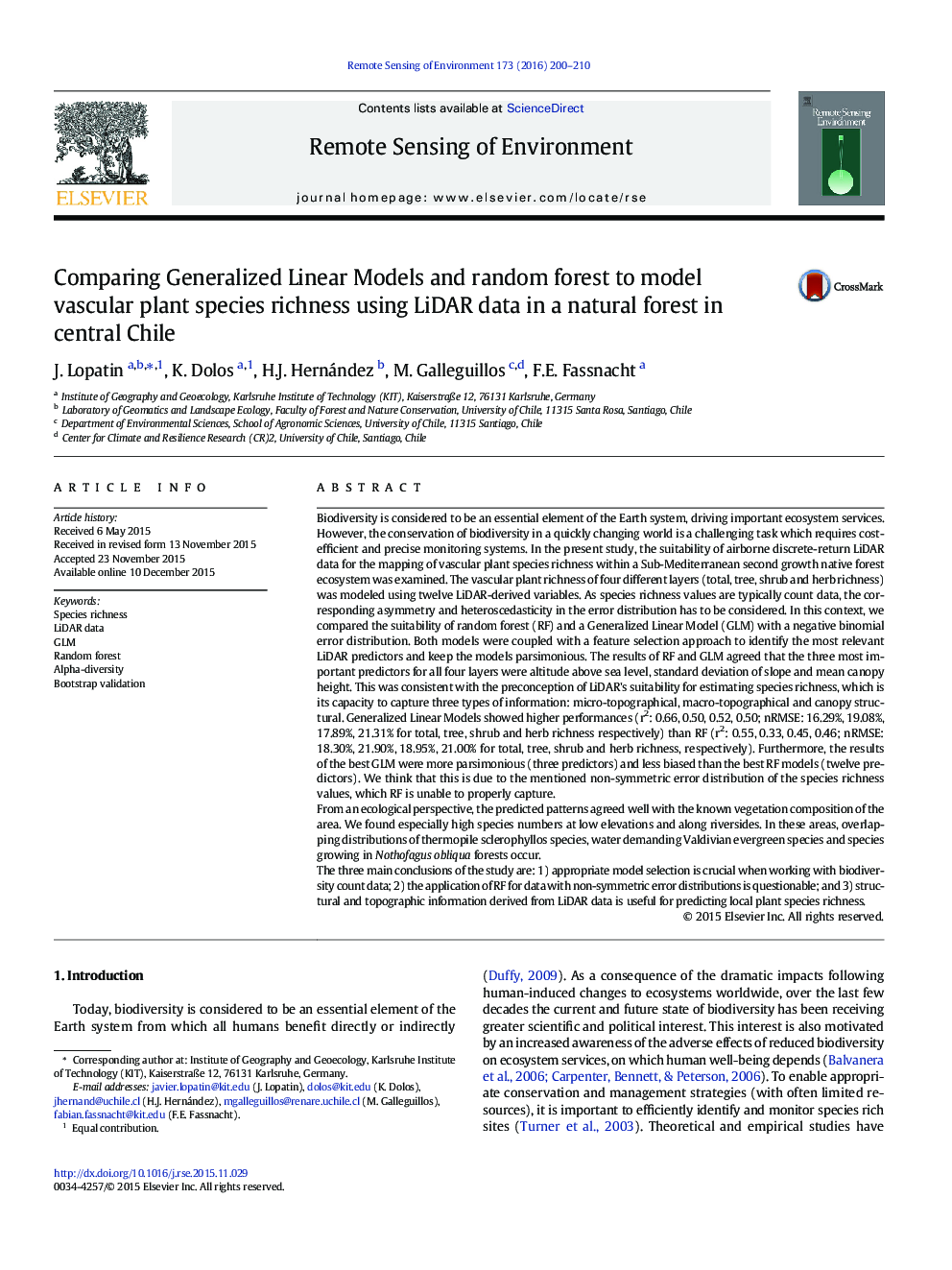 Comparing Generalized Linear Models and random forest to model vascular plant species richness using LiDAR data in a natural forest in central Chile