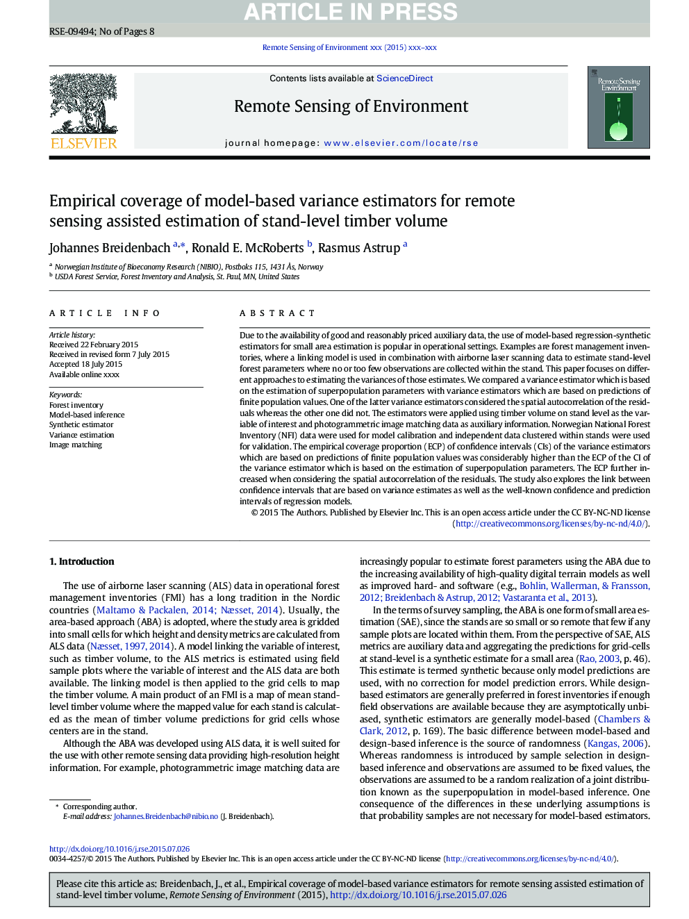 Empirical coverage of model-based variance estimators for remote sensing assisted estimation of stand-level timber volume