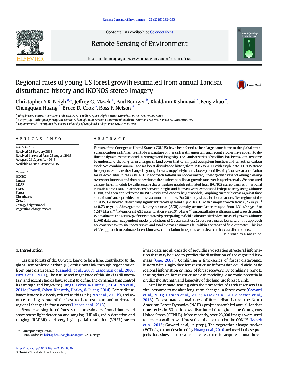 Regional rates of young US forest growth estimated from annual Landsat disturbance history and IKONOS stereo imagery