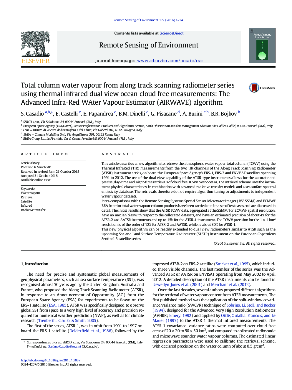 Total column water vapour from along track scanning radiometer series using thermal infrared dual view ocean cloud free measurements: The Advanced Infra-Red WAter Vapour Estimator (AIRWAVE) algorithm