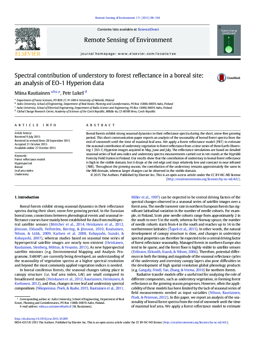 Spectral contribution of understory to forest reflectance in a boreal site: an analysis of EO-1 Hyperion data