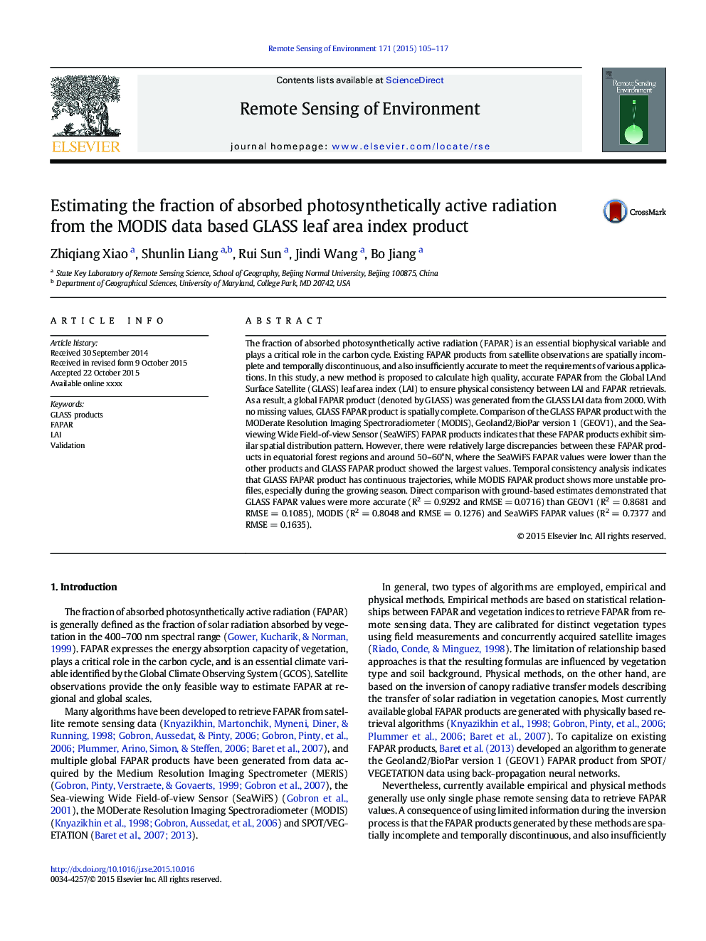 Estimating the fraction of absorbed photosynthetically active radiation from the MODIS data based GLASS leaf area index product