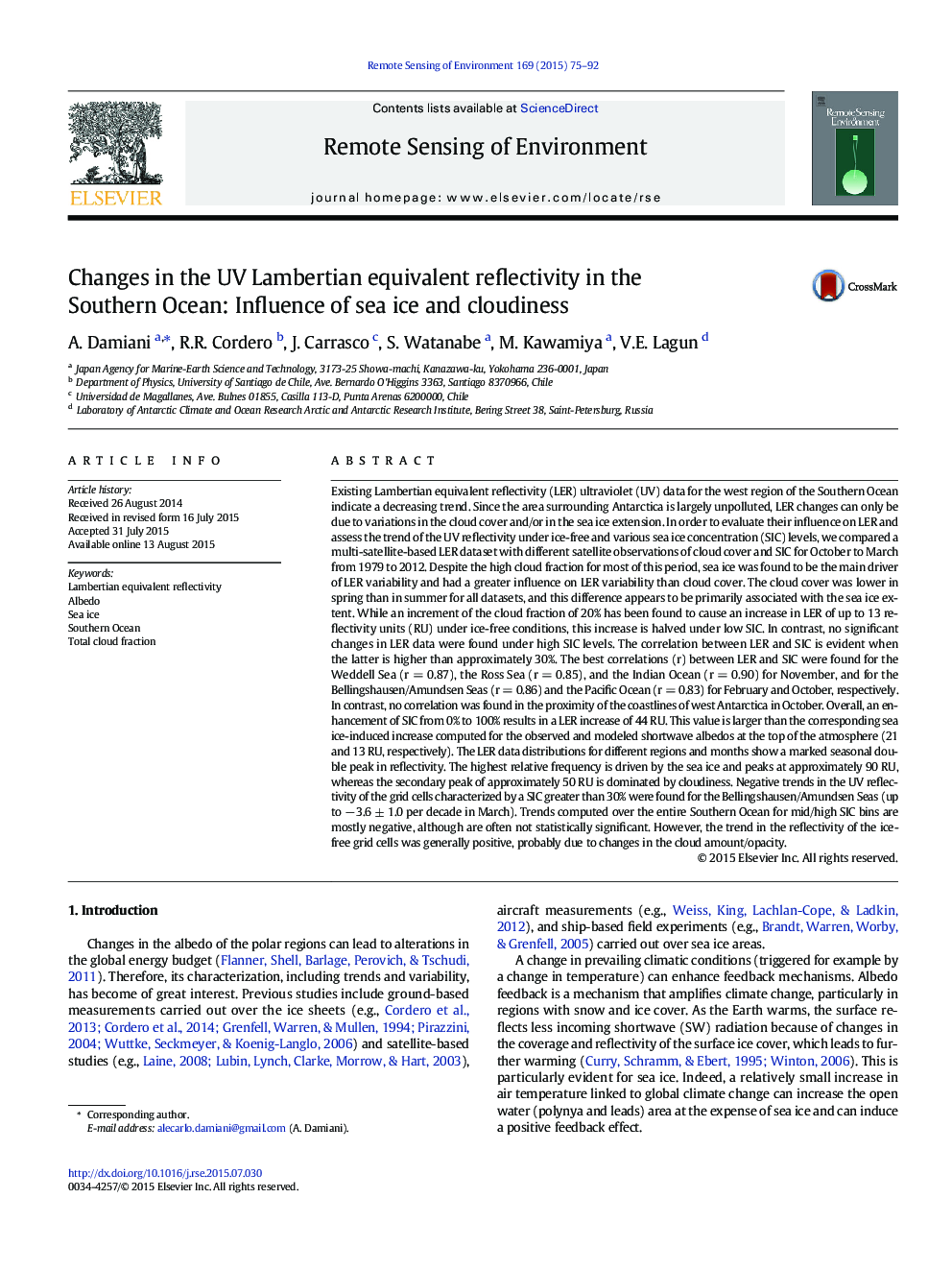 Changes in the UV Lambertian equivalent reflectivity in the Southern Ocean: Influence of sea ice and cloudiness