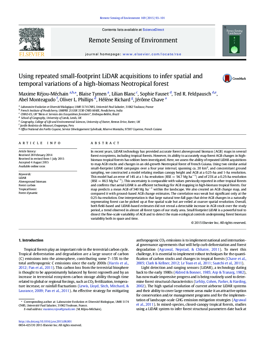 Using repeated small-footprint LiDAR acquisitions to infer spatial and temporal variations of a high-biomass Neotropical forest