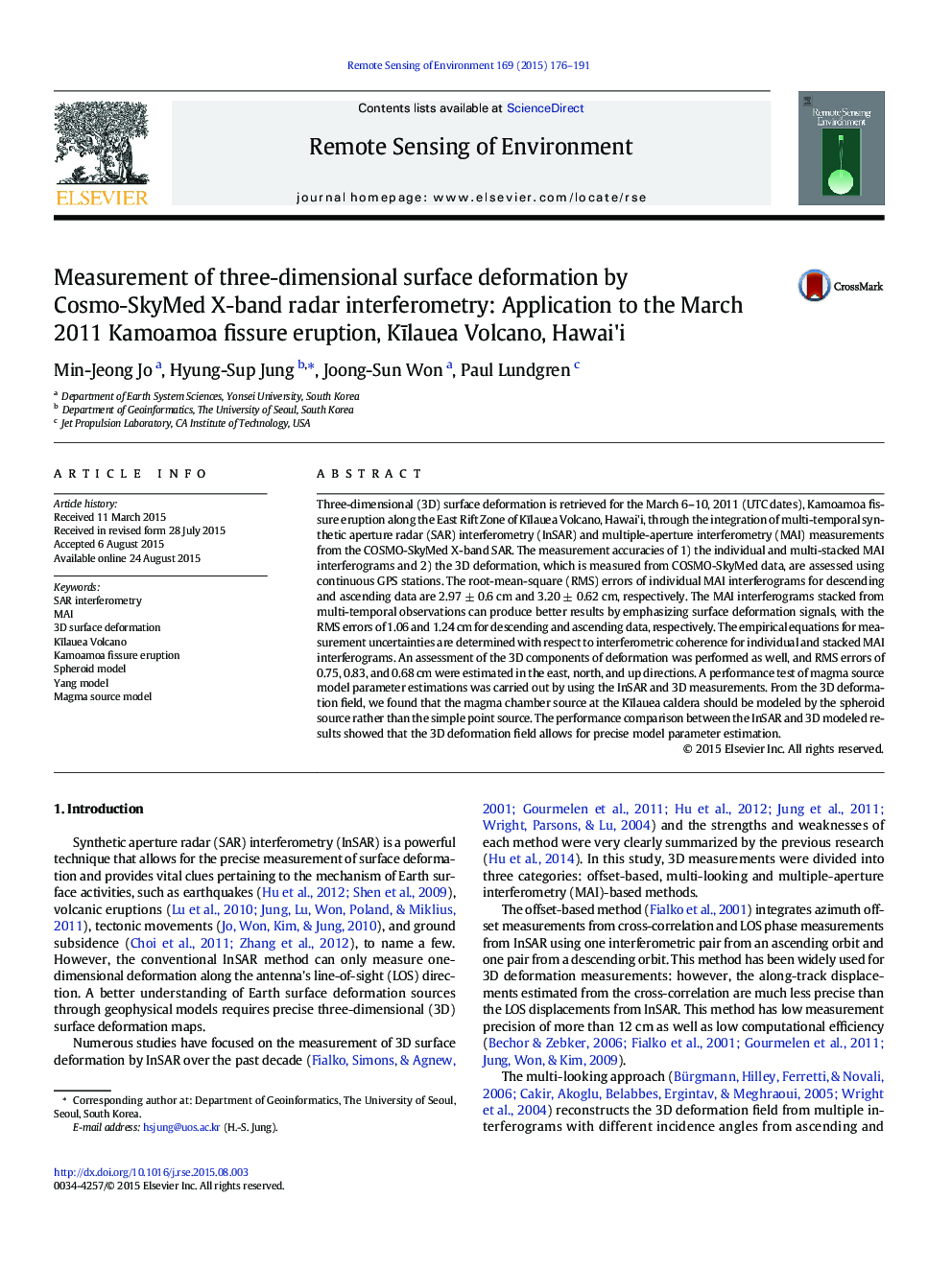 Measurement of three-dimensional surface deformation by Cosmo-SkyMed X-band radar interferometry: Application to the March 2011 Kamoamoa fissure eruption, KÄ«lauea Volcano, Hawai'i