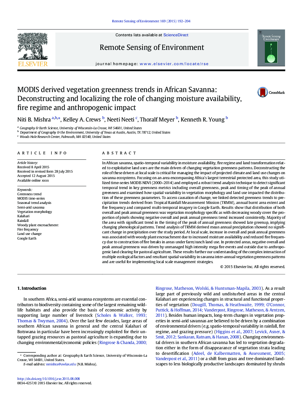 MODIS derived vegetation greenness trends in African Savanna: Deconstructing and localizing the role of changing moisture availability, fire regime and anthropogenic impact