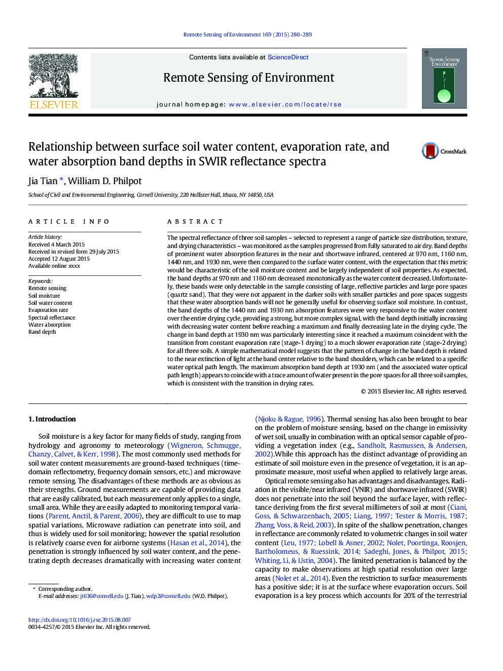 Relationship between surface soil water content, evaporation rate, and water absorption band depths in SWIR reflectance spectra