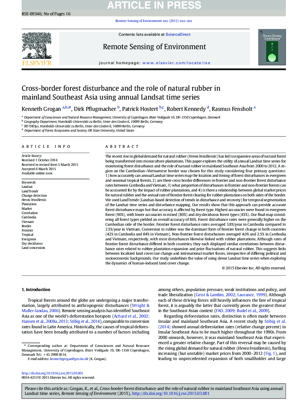 Cross-border forest disturbance and the role of natural rubber in mainland Southeast Asia using annual Landsat time series