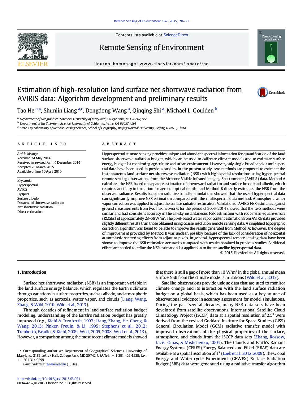 Estimation of high-resolution land surface net shortwave radiation from AVIRIS data: Algorithm development and preliminary results