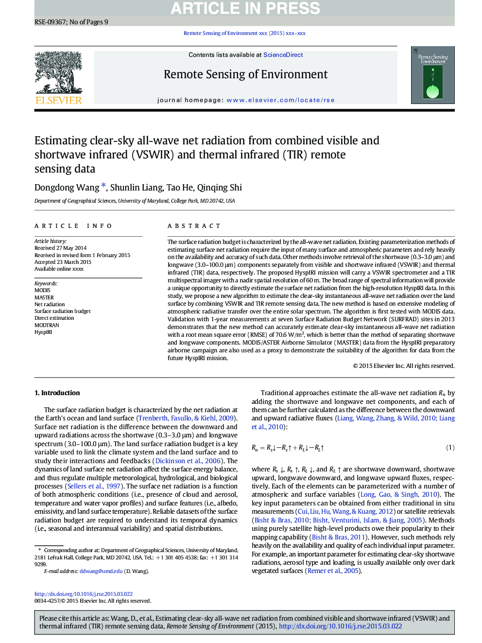 Estimating clear-sky all-wave net radiation from combined visible and shortwave infrared (VSWIR) and thermal infrared (TIR) remote sensing data