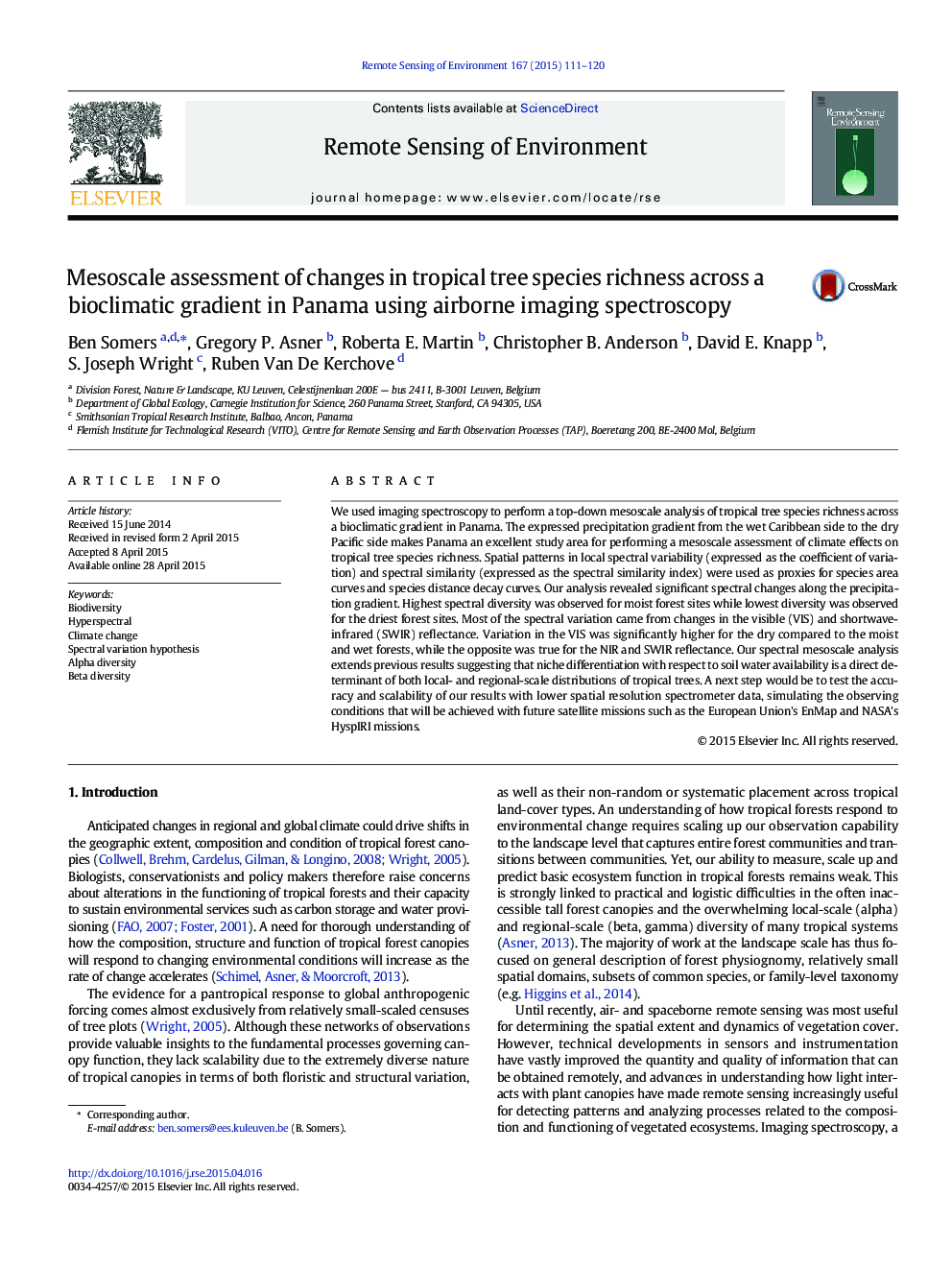 Mesoscale assessment of changes in tropical tree species richness across a bioclimatic gradient in Panama using airborne imaging spectroscopy