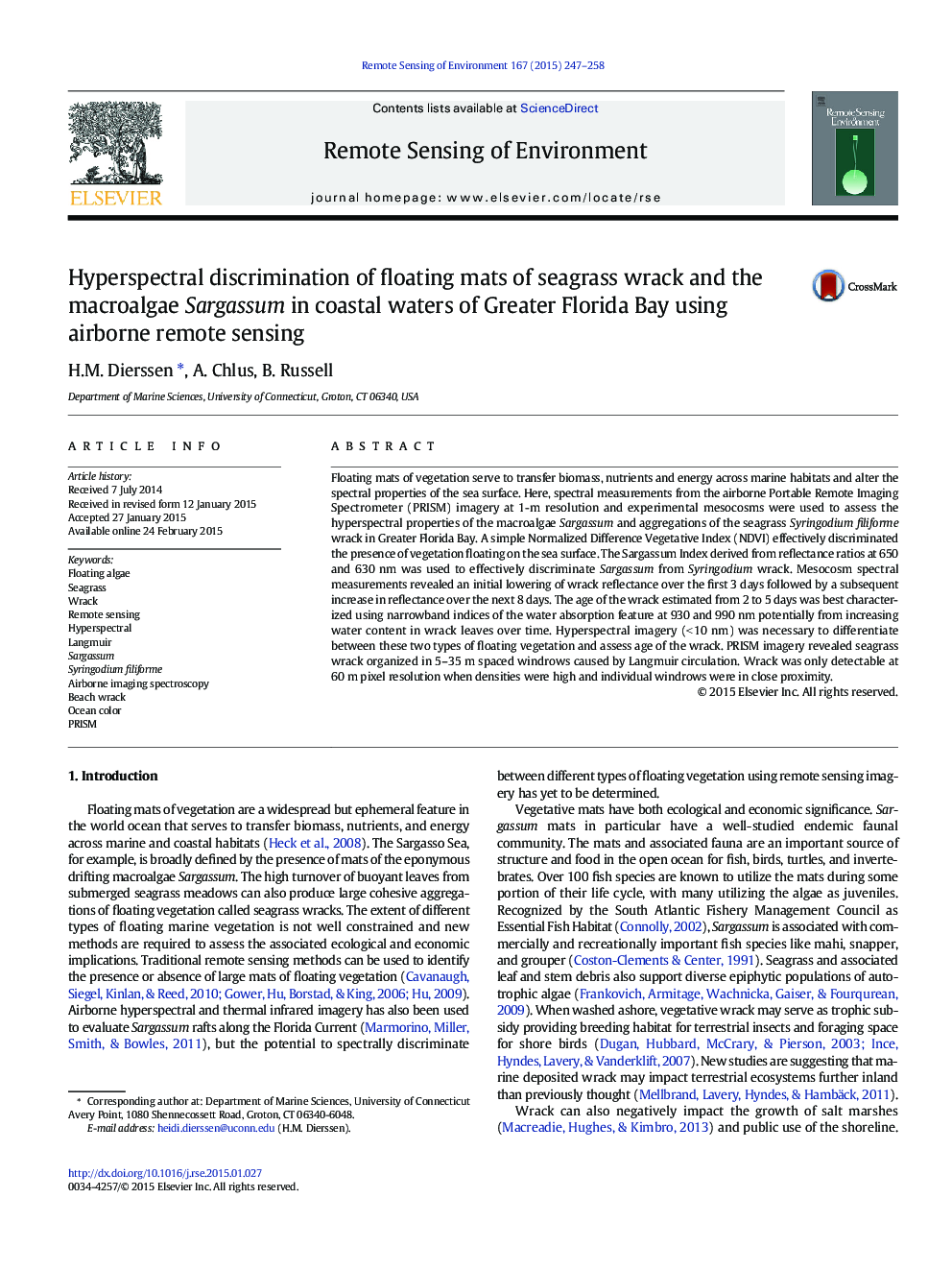Hyperspectral discrimination of floating mats of seagrass wrack and the macroalgae Sargassum in coastal waters of Greater Florida Bay using airborne remote sensing