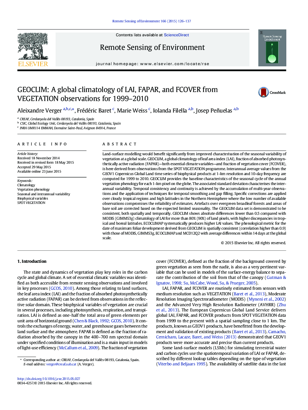 GEOCLIM: A global climatology of LAI, FAPAR, and FCOVER from VEGETATION observations for 1999-2010