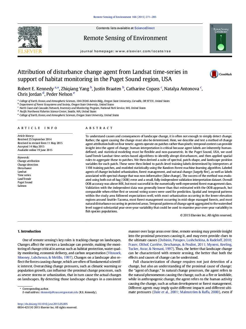 Attribution of disturbance change agent from Landsat time-series in support of habitat monitoring in the Puget Sound region, USA