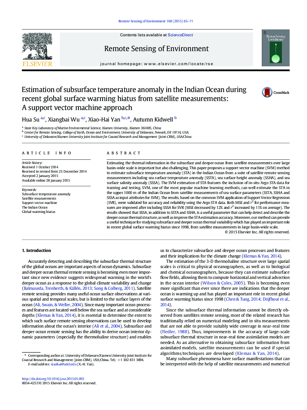 Estimation of subsurface temperature anomaly in the Indian Ocean during recent global surface warming hiatus from satellite measurements: A support vector machine approach