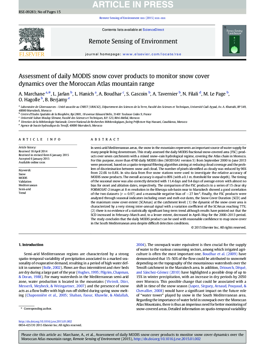 Assessment of daily MODIS snow cover products to monitor snow cover dynamics over the Moroccan Atlas mountain range