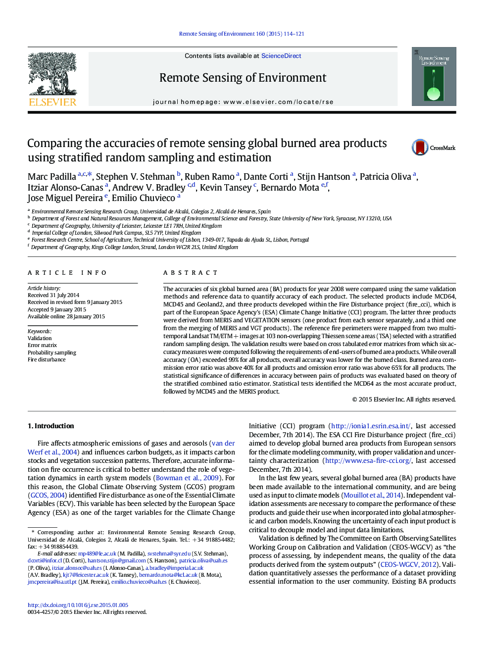 Comparing the accuracies of remote sensing global burned area products using stratified random sampling and estimation