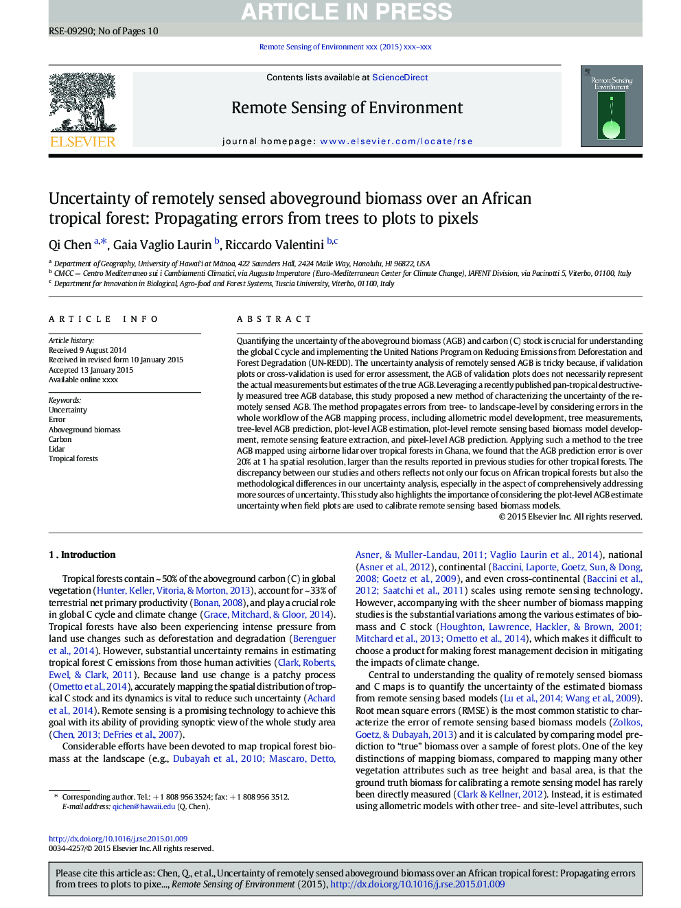 Uncertainty of remotely sensed aboveground biomass over an African tropical forest: Propagating errors from trees to plots to pixels