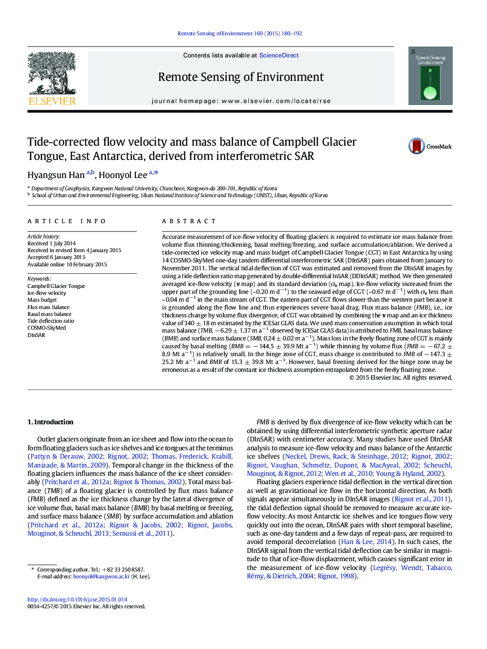 Tide-corrected flow velocity and mass balance of Campbell Glacier Tongue, East Antarctica, derived from interferometric SAR