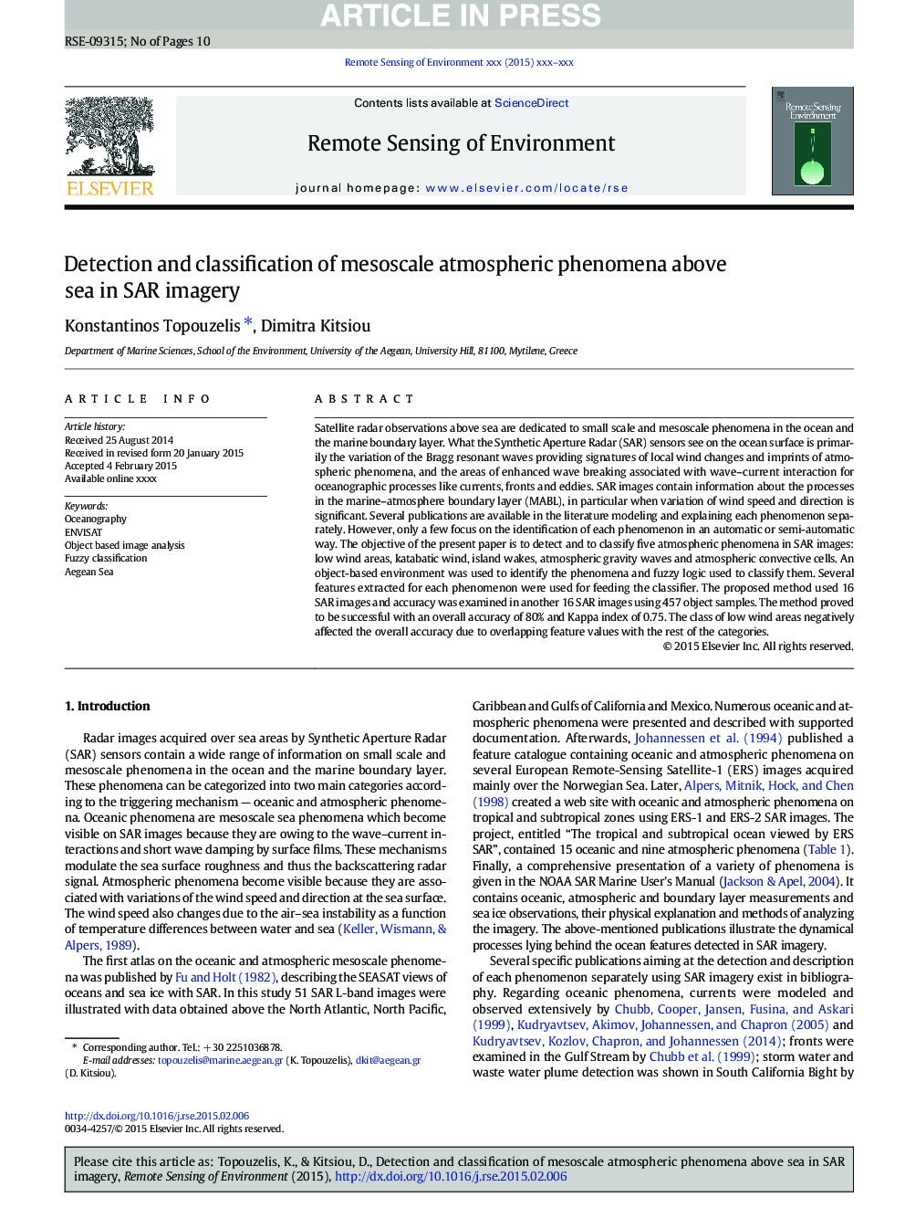 Detection and classification of mesoscale atmospheric phenomena above sea in SAR imagery