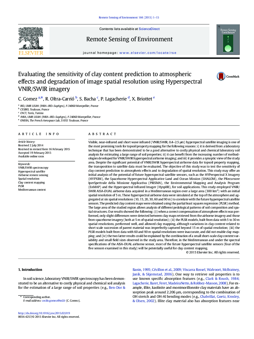 Evaluating the sensitivity of clay content prediction to atmospheric effects and degradation of image spatial resolution using Hyperspectral VNIR/SWIR imagery