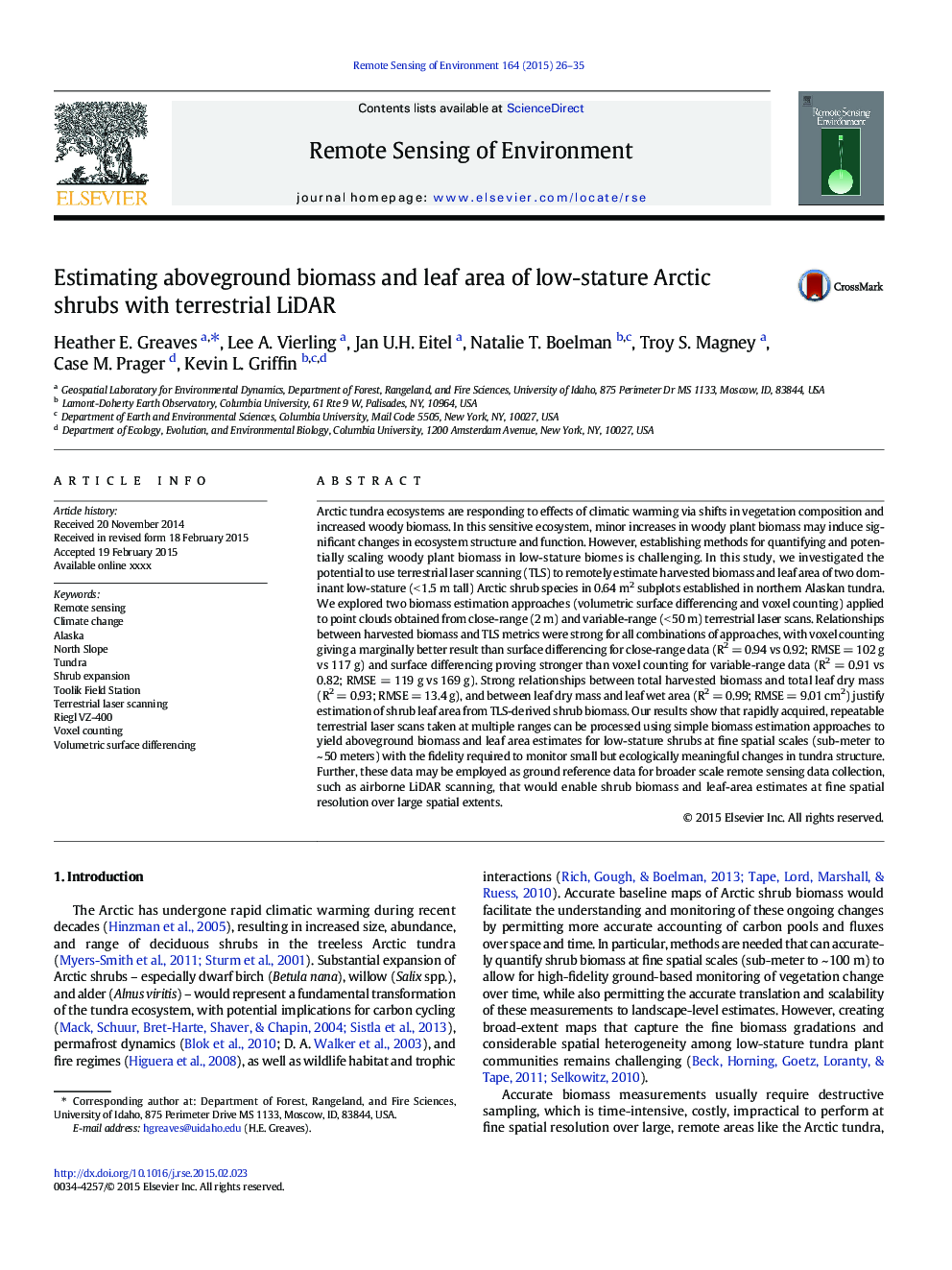 Estimating aboveground biomass and leaf area of low-stature Arctic shrubs with terrestrial LiDAR