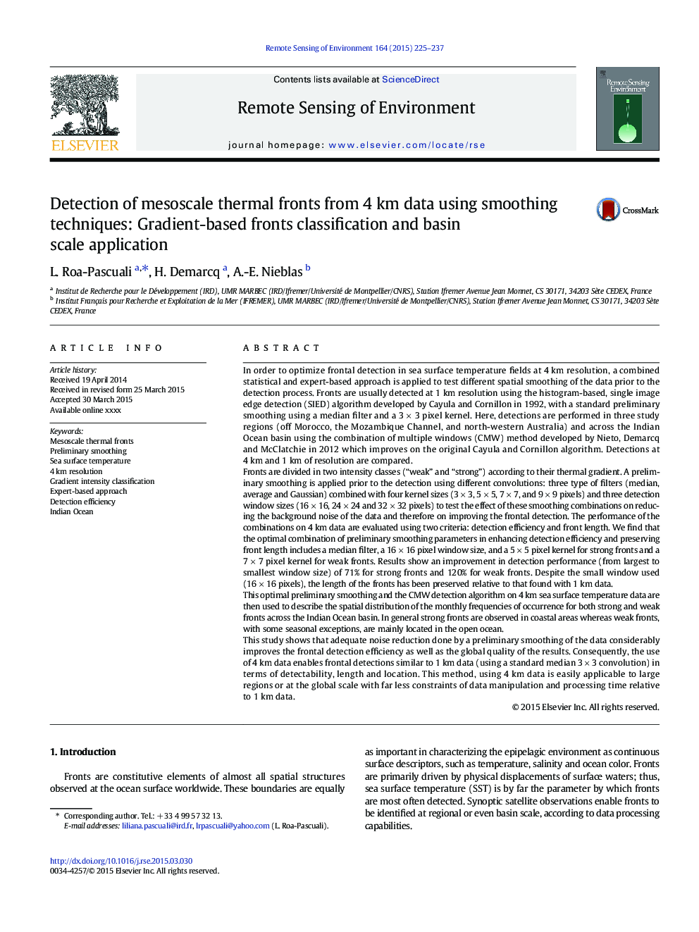 Detection of mesoscale thermal fronts from 4Â km data using smoothing techniques: Gradient-based fronts classification and basin scale application