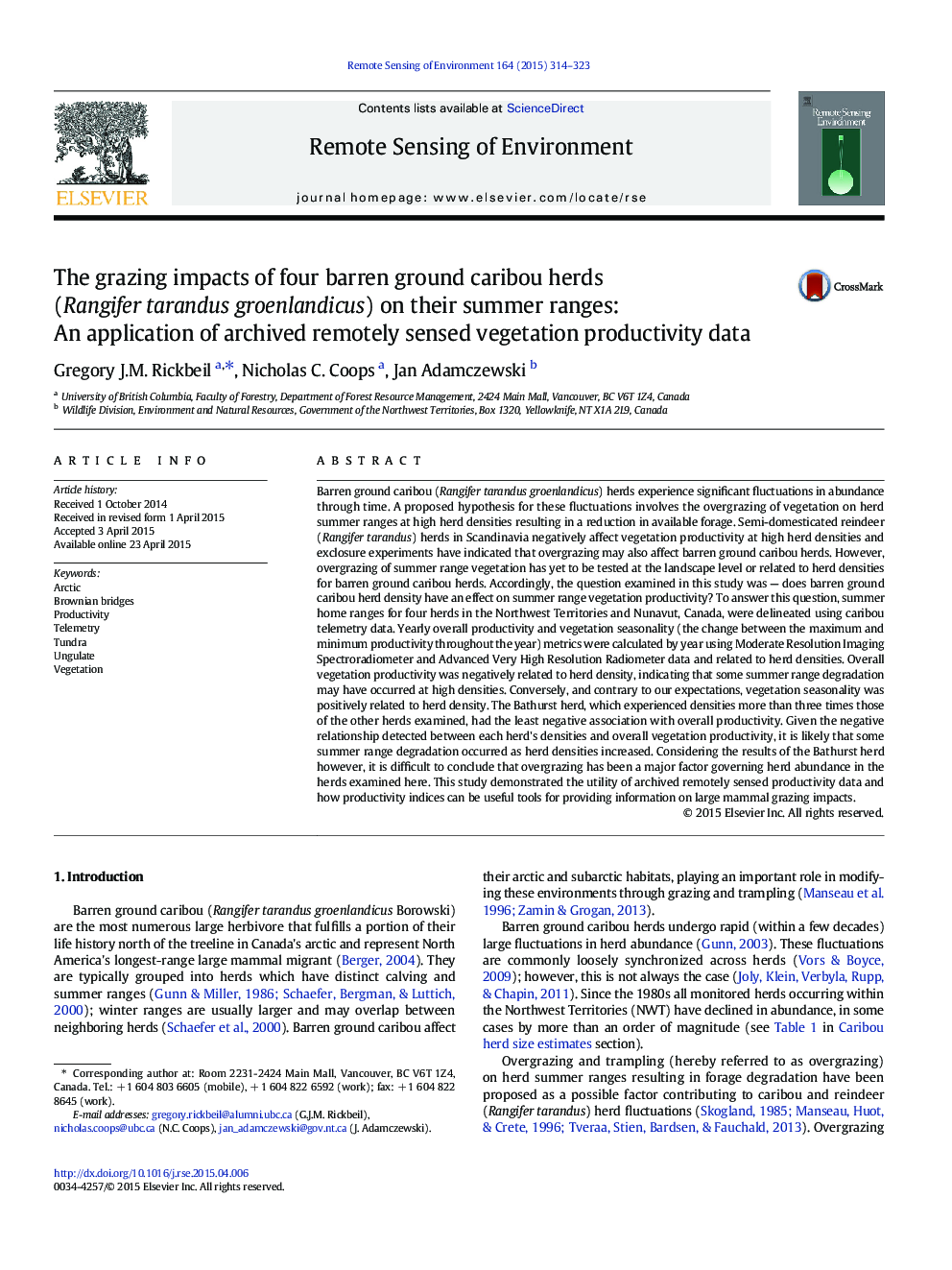 The grazing impacts of four barren ground caribou herds (Rangifer tarandus groenlandicus) on their summer ranges: An application of archived remotely sensed vegetation productivity data