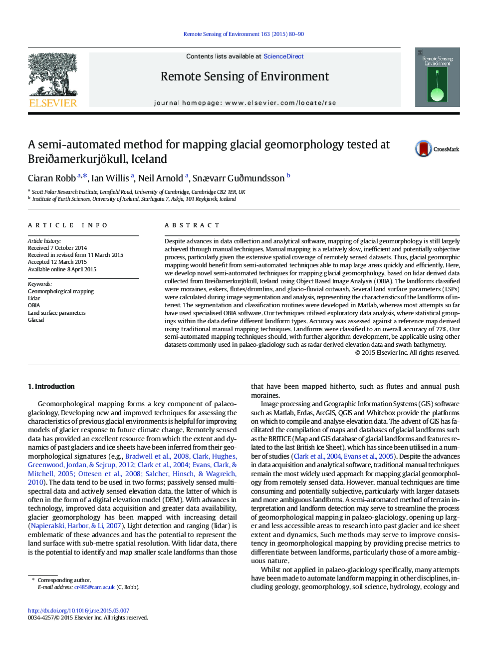 A semi-automated method for mapping glacial geomorphology tested at BreiÃ°amerkurjökull, Iceland