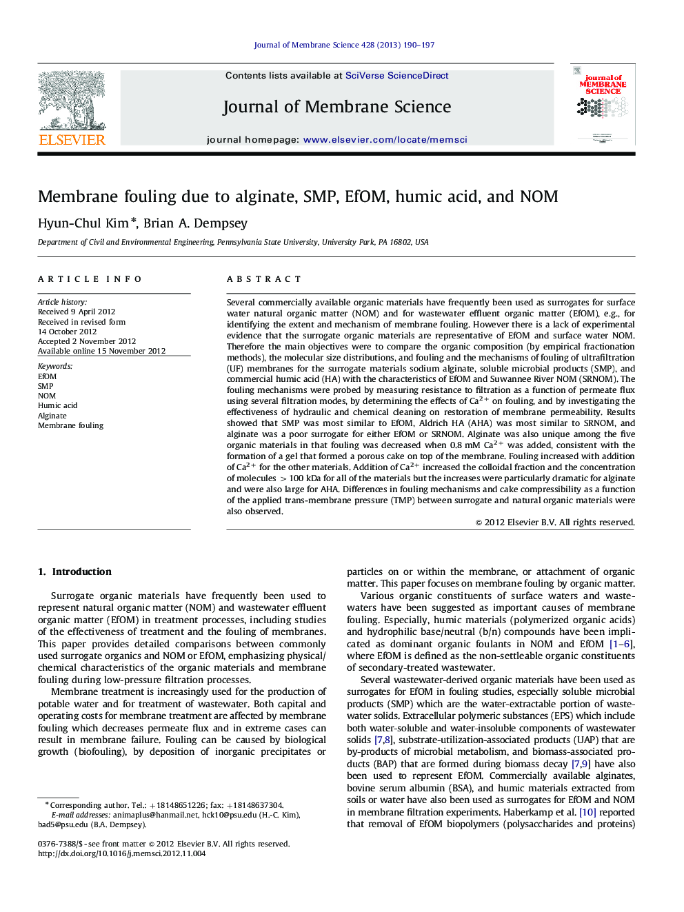 Membrane fouling due to alginate, SMP, EfOM, humic acid, and NOM